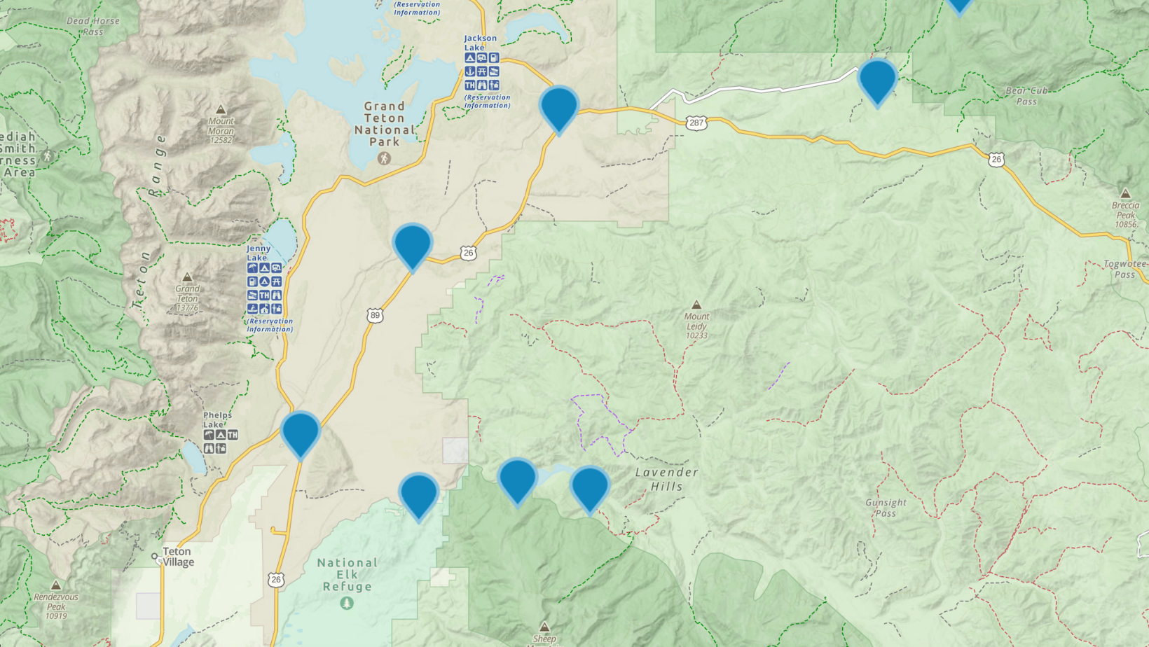 established locations screenshot of a map with blue droplet markers