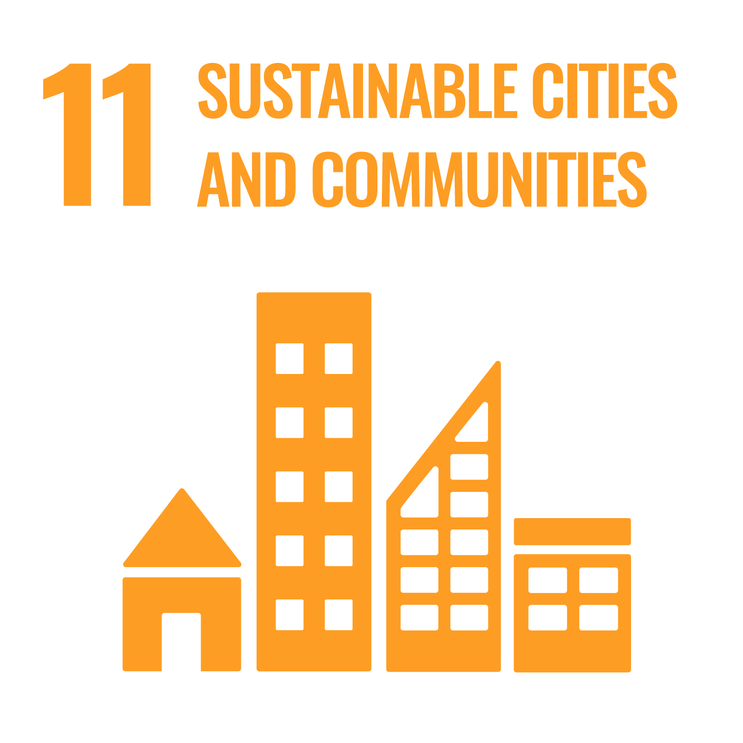 Orange buildings represent goal 11: Sustainable Cities and Communities