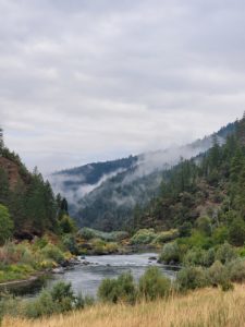 A scenic view of a river surrounded by conifer-covered mountains