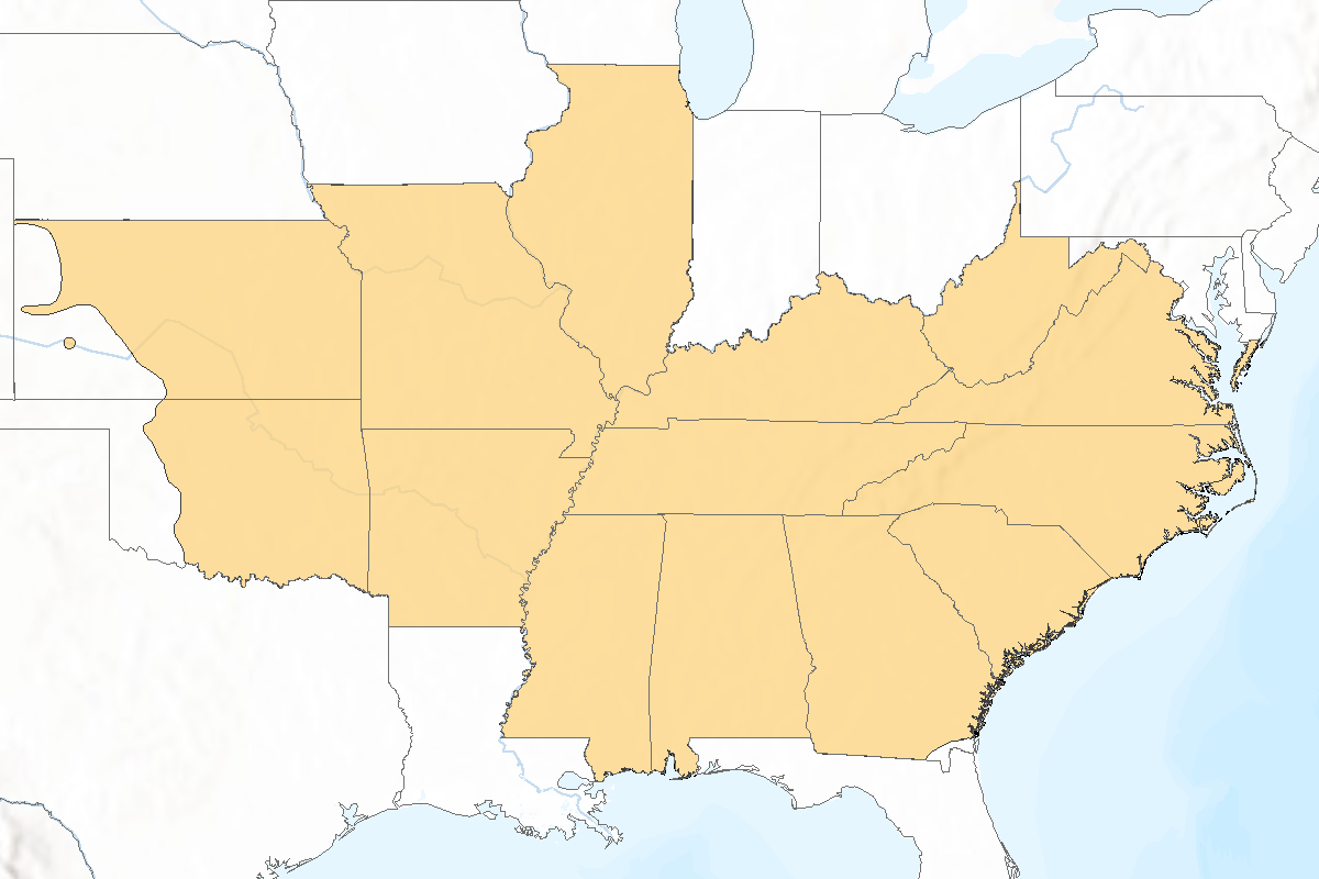 green_ash_sampling_range (1) Map of the eastern US with the sampling range highlighted for Ash species