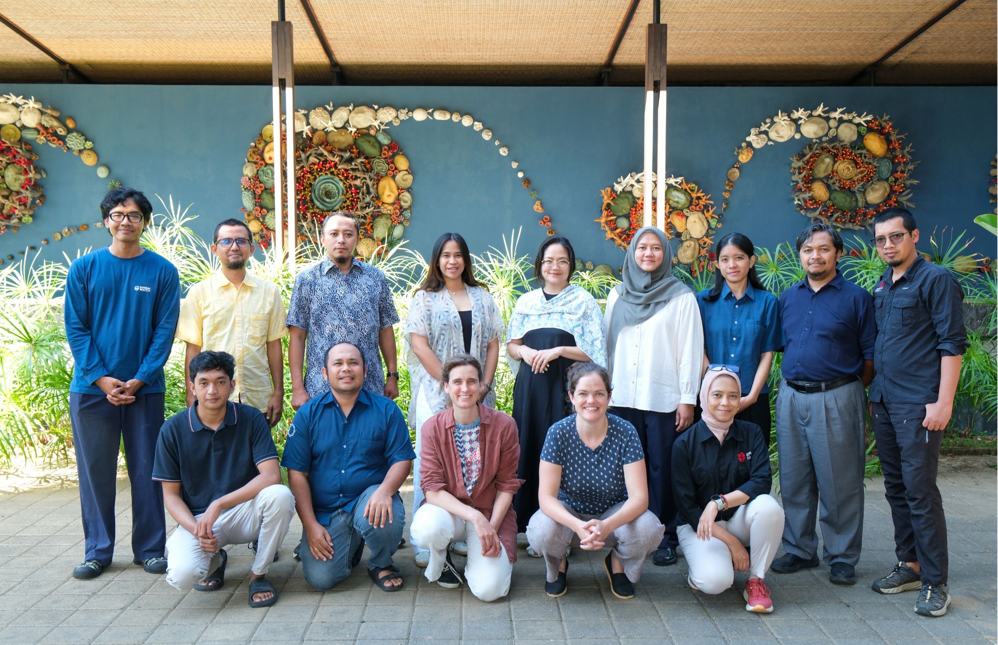 Field members and partners for the M-PROVE mangrove monitoring and restoration project at a mangrove site in Benoa Bay, Bali, during the July 2026 site assessment.