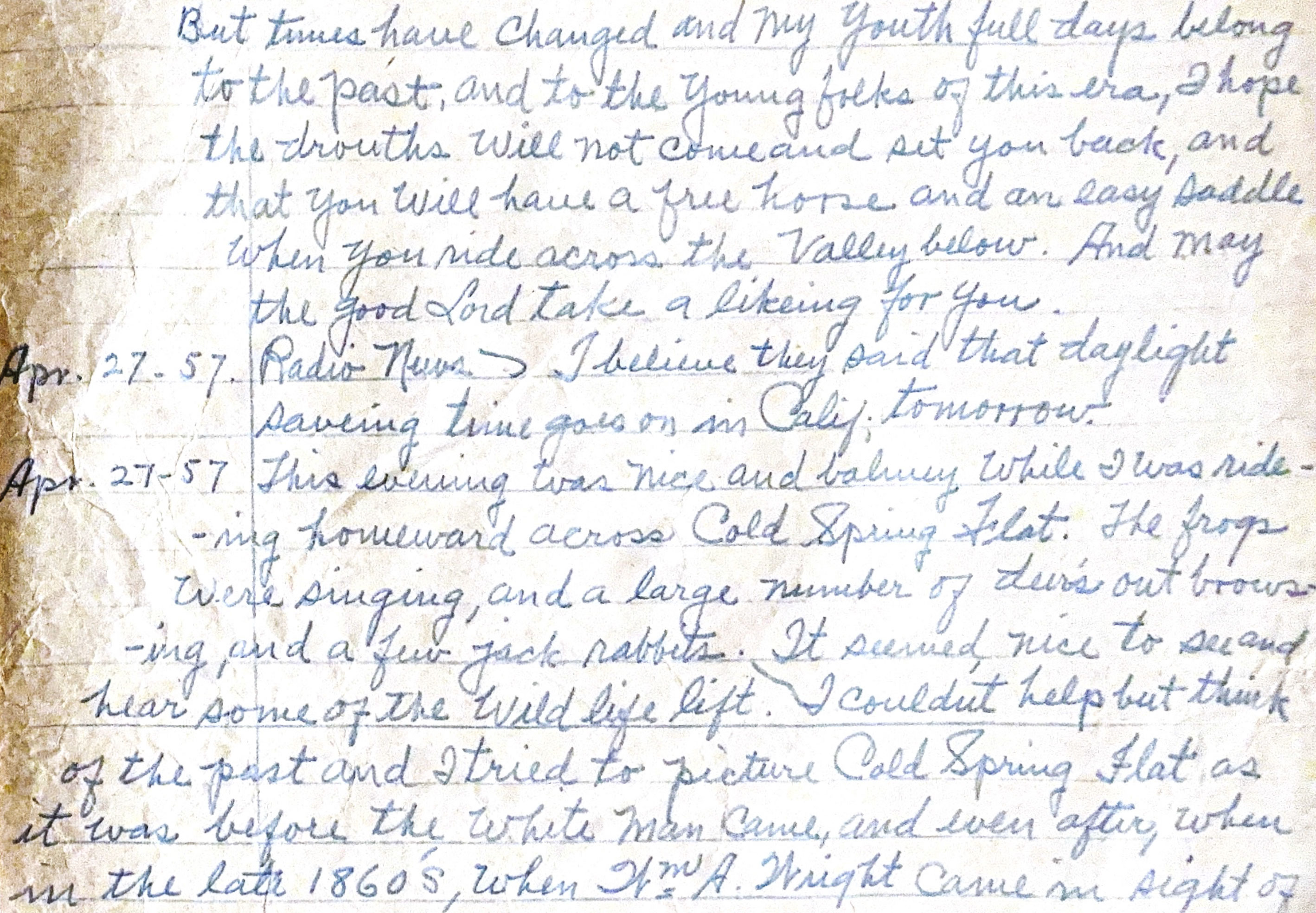 Handwritten journal page in blue ink describing a spring evening ride across Cold Spring Flat
