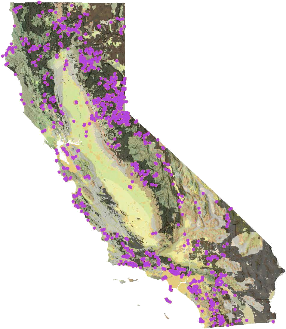 Map of California covered in sample points from the northern mountains and Sierra Nevada to the southern coastal ranges and deserts.